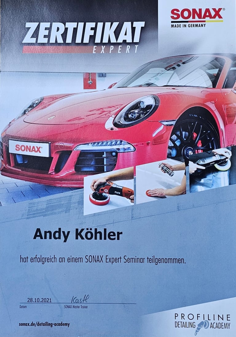 SONAX Expert Seminar Zertifikat für Andy Kohler