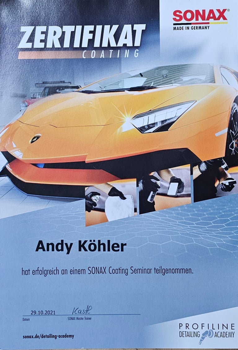 SONAX Zertifikat Coating für Andy Kohler